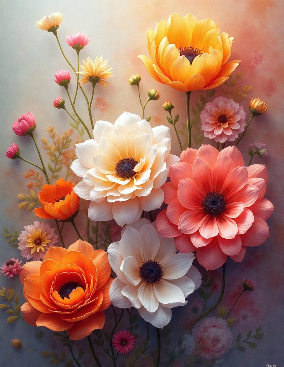 The primary subject of the image is a bouquet of flowers, which are the main objects in the scene. The flowers are arranged in a vase, creating a visually appealing display. The setting is a painting, which showcases the flowers in a detailed and artistic manner. The visual style is a combination of photo and digital art, resulting in a realistic yet artistic representation of the flowers. The colors and mood of the image are predominantly warm and vibrant, with the flowers being the main focus and source of visual interest.